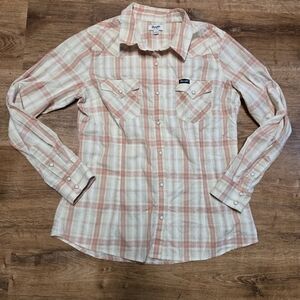 Wrangler Women's Plaid Button Down Shirt - Cream and Pink